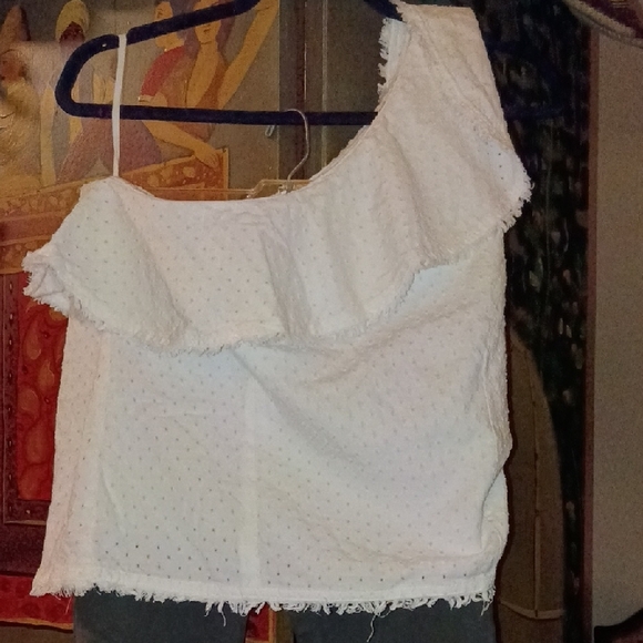 cloth & stone Tops - cloth & stone White One-Shoulder Ruffle Eyelet Crop Top